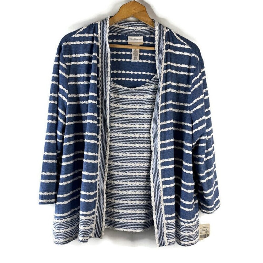 Alfred Dunner Womens Cardigan Top Size 2X 2fer Top Blue White Striped 3/4 Sleeve